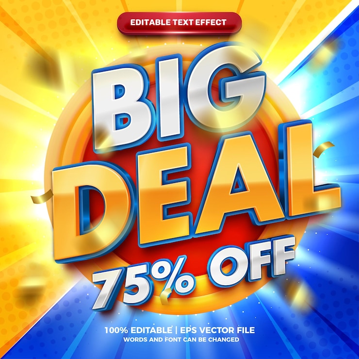 Vetor big deal promo efeito de texto editável 3d em negrito