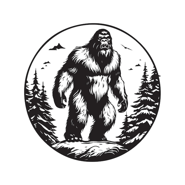 Bigfoot conceito de logotipo vintage cor preto e branco ilustração desenhada à mão