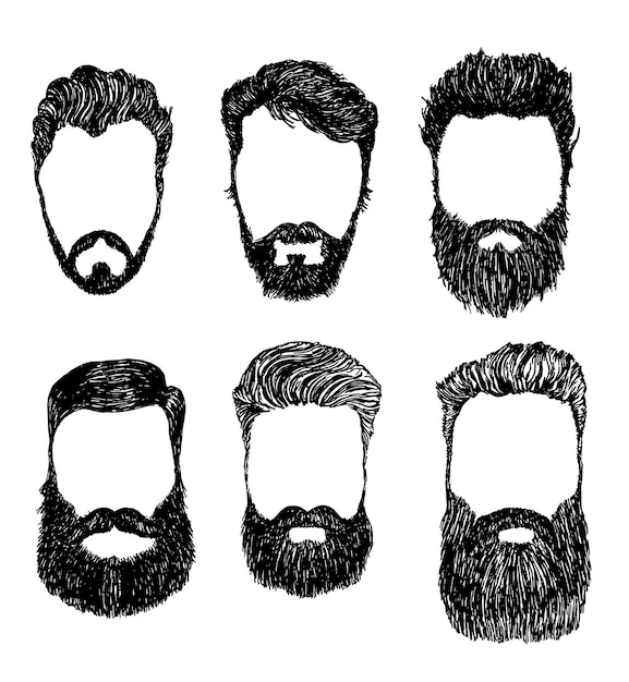 Bigode e barba em um fundo branco. Penteado masculino do estilo hippie. Conjunto de ilustração vetorial de moda.