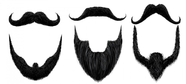 Bigode e barba. Estilo de barbas de homem, máscara de bigodes encaracolados e conjunto isolado de bigode falso vintage