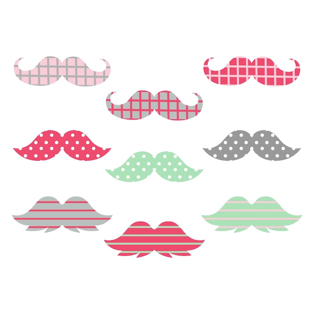 Bigodes coloridos em tons pastéis com ilustrações de várias formas