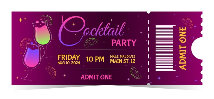 Vetor bilhete de convite para uma festa de coquetel cor-de-rosa com bebidas coloridas detalhes do evento para admitir um