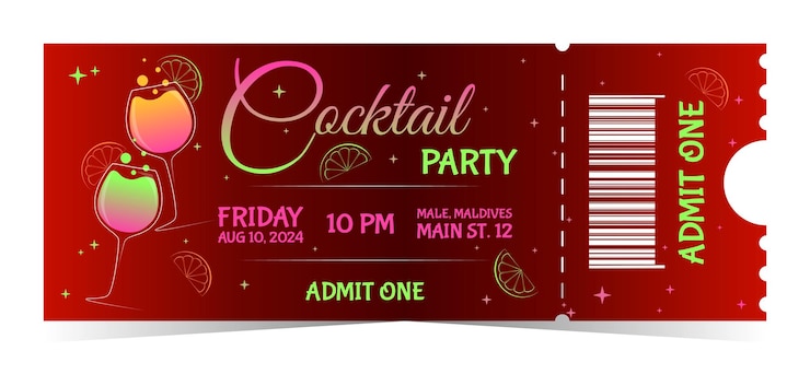 Vetor bilhete de festa de coquetel em vermelho com sotaques de néon com detalhes do evento e copos de bebida admitem um