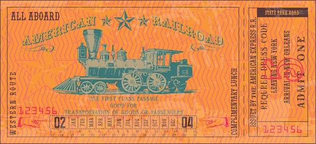 Bilhete de trem ferroviário ocidental americano vintage