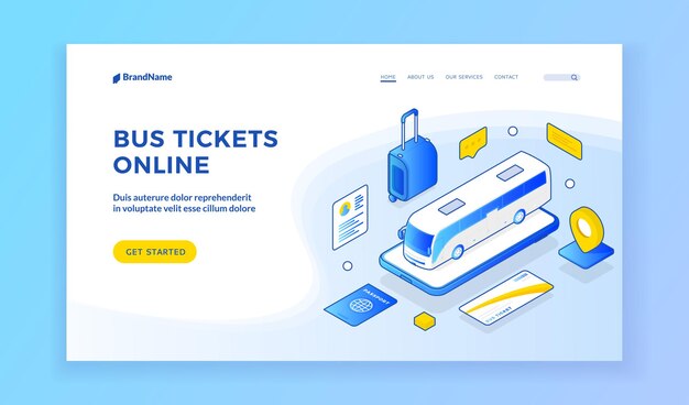 Bilhetes de autocarro online. Ilustração em vetor de símbolos de ônibus e viagens no banner do serviço de venda de ingressos online. Reserva e compra de ingressos online. Banner isométrico da web, modelo de página de destino