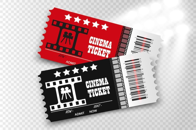 Bilhetes de cinema de vetor isolados em fundo transparente. bilhete de entrada de cinema realista.