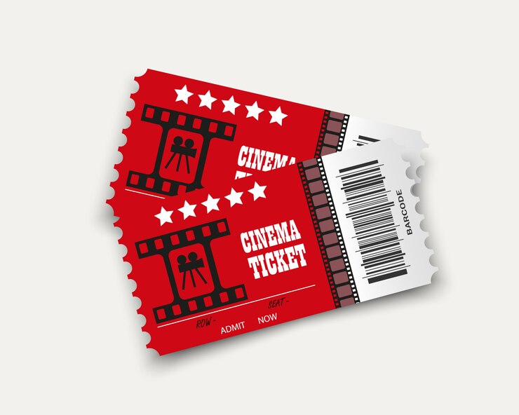 bilhetes de cinema isolados em fundo transparente. Bilhete de entrada de cinema realista.