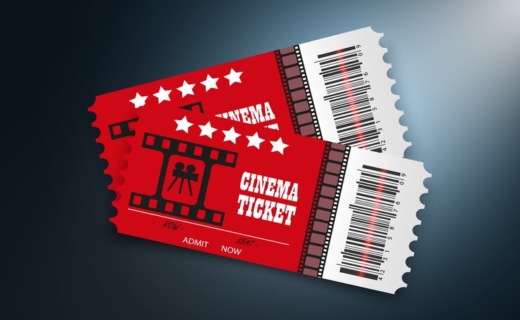 bilhetes de cinema isolados em fundo transparente. Bilhete de entrada de cinema realista.