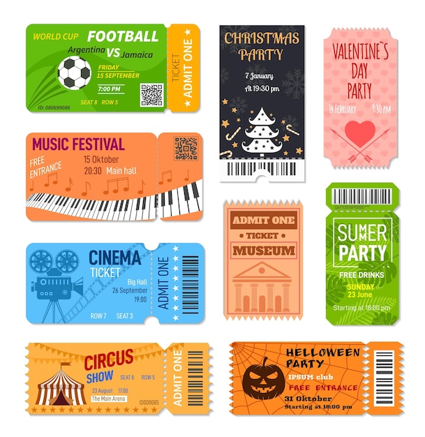 Bilhetes de entretenimento cartão para bilhete de entrada no conceito de cinema ou festival de música folheto de futebol de evento cupão de festa de verão modelo de vetor exato