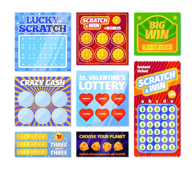 Bilhetes de loteria raspando a impressão de cartões reais vencedores de loteria com prêmios de vitória modelos de vetores berrantes conjunto colorido