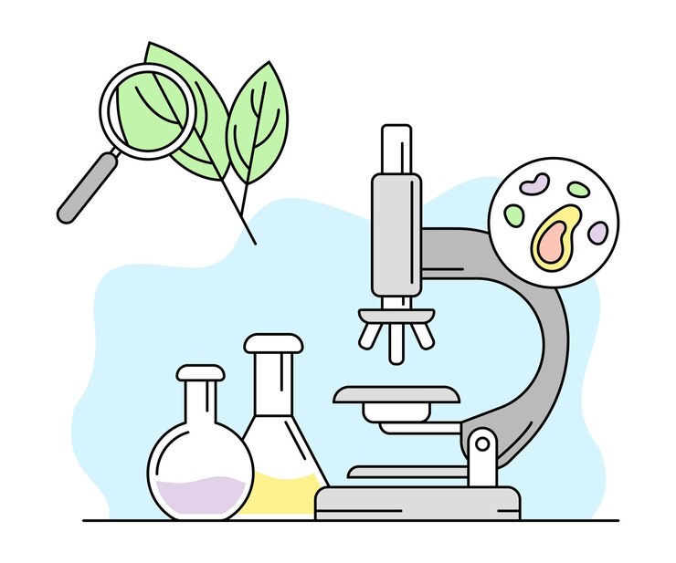 Vetor biologia e estudo conhecimento com microscópio e ilustração de linha vector de flasco de vidro