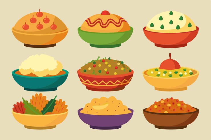 Vetor biriyani color line art apresenta ilustrações criativas de pratos populares