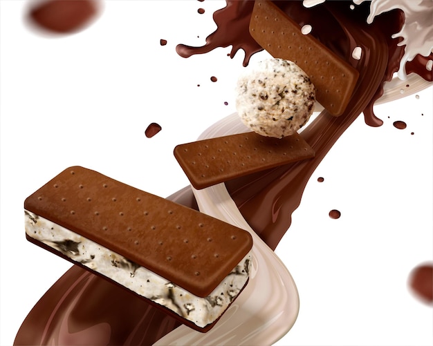 Biscoito de sanduíche de sorvete com leite derramado e calda de chocolate no fundo branco na ilustração 3d
