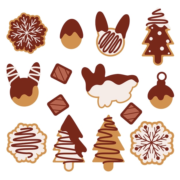 Vetor biscoitos caseiros de natal em diferentes formas em chocolate e glacê isolados em um fundo branco