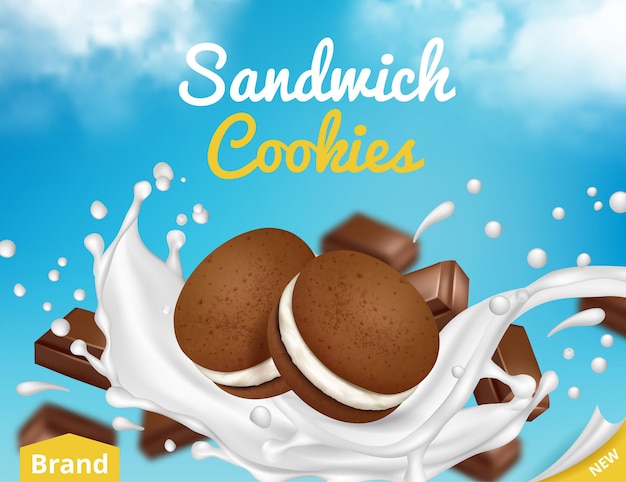 Biscoitos com leite. Cartaz de anúncios com biscoitos de açúcar fluindo em leite espirra cartaz de vetor decente. Cookie de ilustração anunciando leite, biscoito de confeitaria crocante