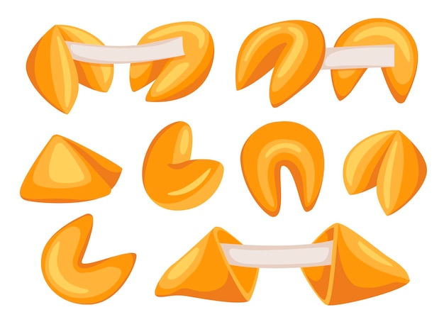 Biscoitos da sorte chineses. conjunto de alimentos. Pastelaria doce. Biscoito da sorte estilo desenho animado desenhado com uma nota em branco dentro