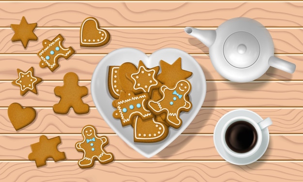 Biscoitos de gengibre, café na mesa de madeira, ilustração vetorial. biscoito de pão de gengibre, doce tradicional de natal