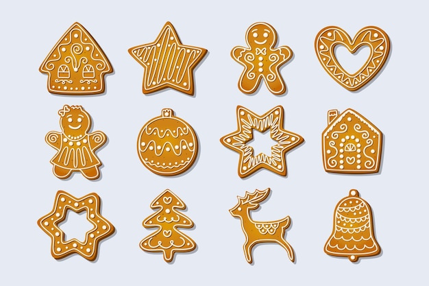 Vetor biscoitos de gengibre de natal, doces de férias de inverno em forma de casa e homem-biscoito.