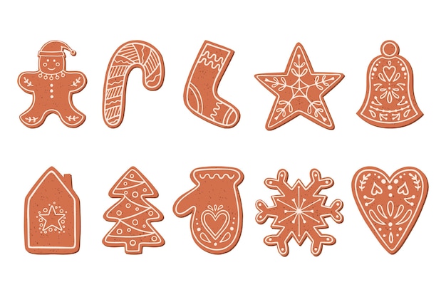 Biscoitos de gengibre de Natal em estilo simples, isolado no fundo branco. Ilustração com biscoitos de gengibre.
