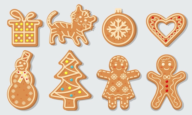 Biscoitos de gengibre de natal em forma de bola de natal, árvore de natal, tigre, coração, boneco de neve, presente e bonecos de gengibre. biscoitos doces caseiros com cobertura.