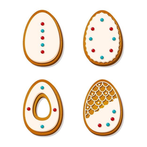 Biscoitos de pão de mel de páscoa em forma de ovos em estilo cartoon, biscoitos doces com esmalte pastel