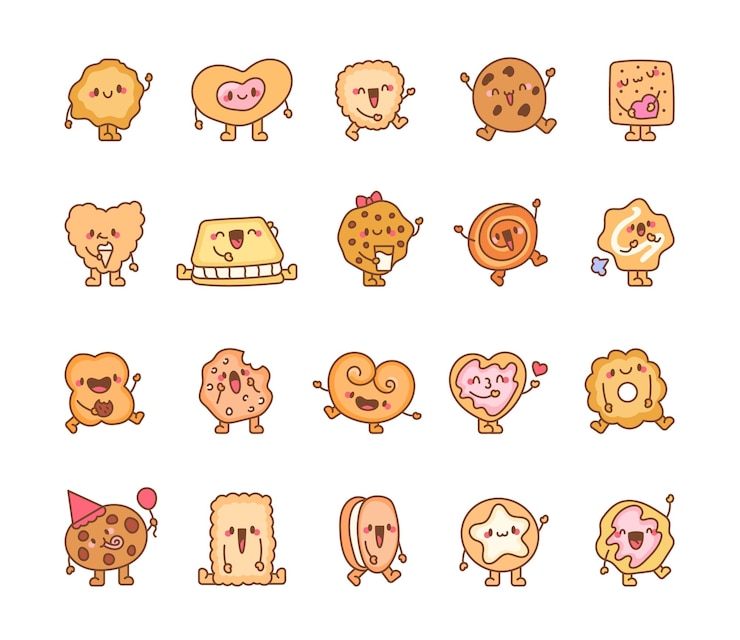 Vetor biscoitos engraçados personagens de desenhos animados que fazem bolos