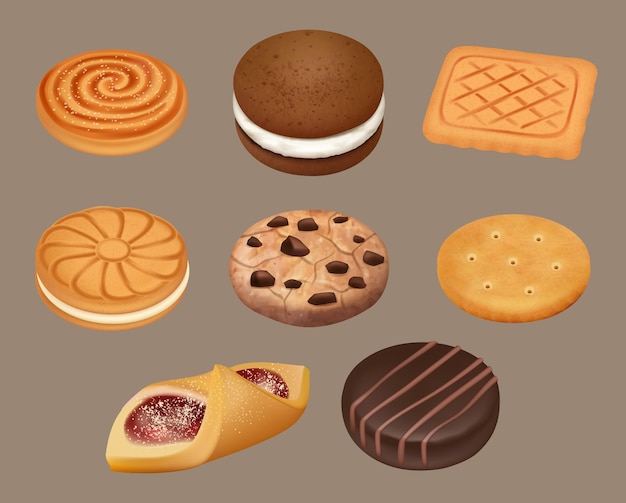 Biscoitos. Ilustrações decentes realistas de biscoitos de açúcar deliciosos. Lanche de sobremesa, biscoitos crocantes com sabor de chocolate