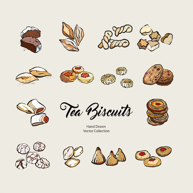 Biscoitos isolados mão desenhada vector conjunto, linha de estilo antigo. biscoitos de chá de vetor, biscoitos para cozinhar