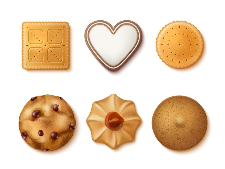 Vetor biscoitos realistas biscoitos de variedade doce creme e vidrado top view produtos de padaria caseiros deliciosas biscoitos com chocolate e geleia 3d elementos isolados conjunto vetorial utter