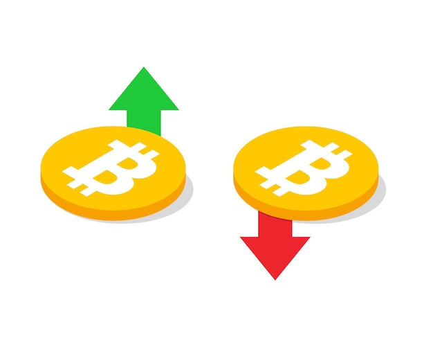 Bitcoin com setas para cima e para baixo. Queda e ascensão do símbolo da taxa de criptomoeda bitcoin. Vetor EPS 10