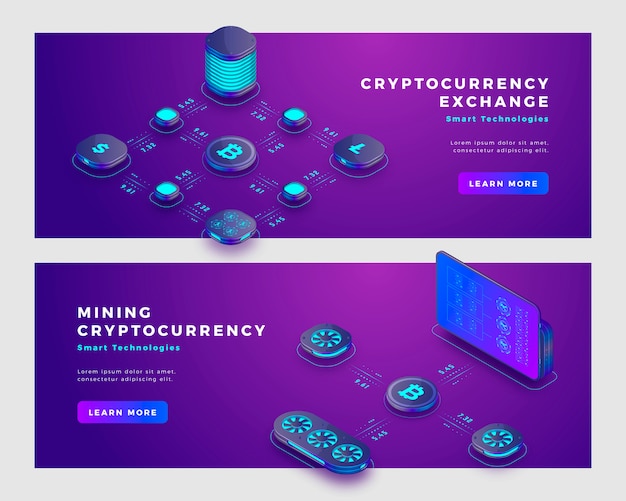 Bitcoin de mineração e modelo de banner conceito de troca de criptomoeda.
