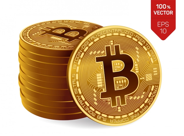 Vetor bitcoin. pilha de moedas de ouro com símbolo de bitcoin, isolado no fundo branco.