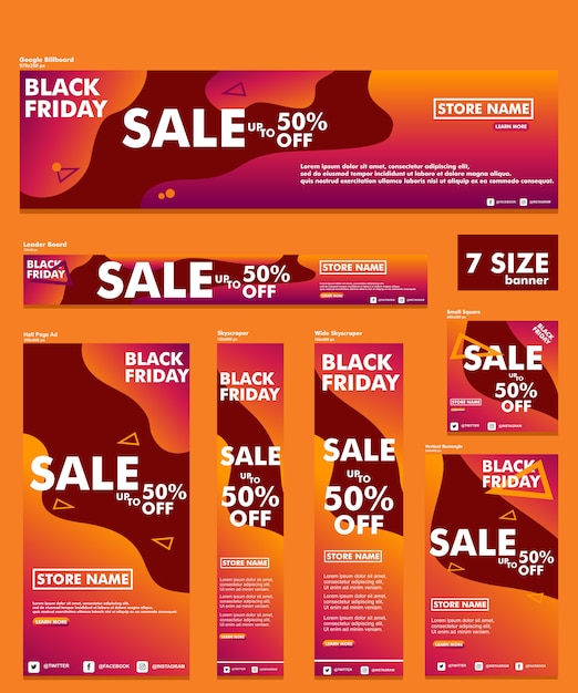 Vetor black friday banner pacote 7 tamanho