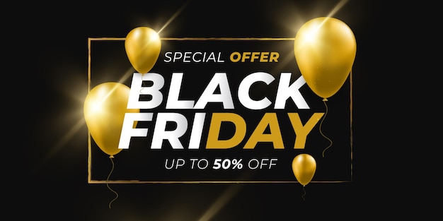 Black friday sale banner design com balões de hélio dourado e efeito de luz em fundo preto publicidade e promoção banner design para campanha black friday