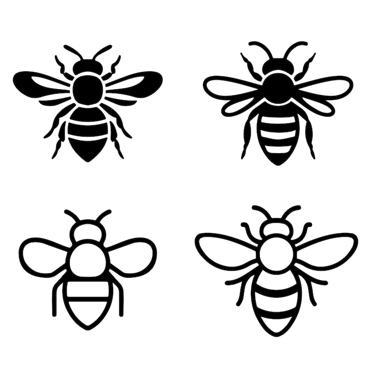Vetor black silhouette bee icons set line art e coleção de estilo sólido