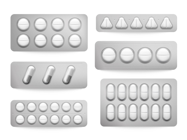 Blister 3d embala comprimidos de paracetamol branco, cápsulas de aspirina, antibióticos ou sinal de drogas analgésicas.