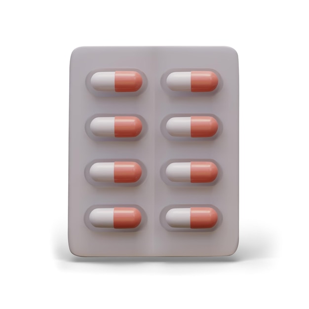 Vetor blister realista com cápsulas de cores branca e vermelha medicamentos e comprimidos prescritos