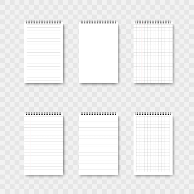 Bloco de anotações ou organizador em branco. Conjunto de caderno de folhas de papel modelo. Ilustração vetorial