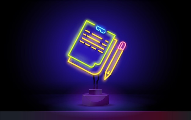 Bloco de notas de néon com ícone de contorno de lápis em elementos de estilo neon do ícone de linha de ilustração de educação sig...