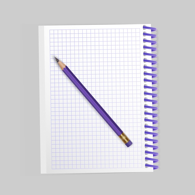 Bloco de notas em branco espiral realista e lápis realista isolados