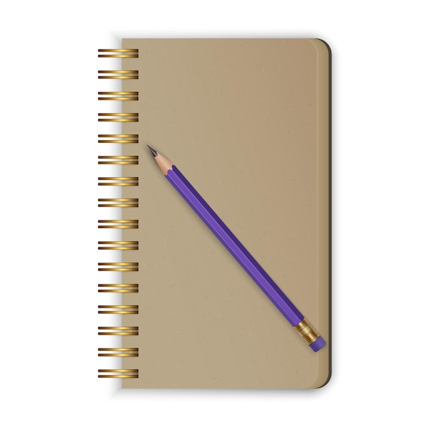 Bloco de notas espiral realista. caderno de desenho realista com um lápis simples.