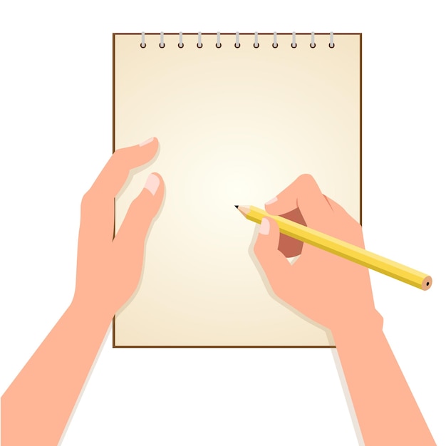 Bloco de notas vazio e mão com lápis