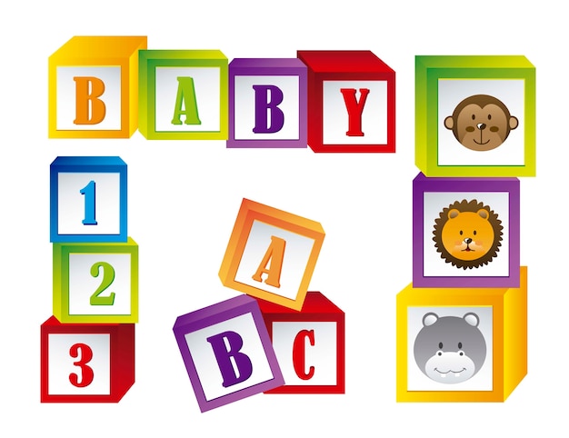 Blocos de bebê com rostos animais e letras de ilustração vetorial