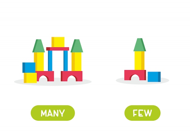 Blocos de construção para crianças. ilustração dos opostos muitos e poucos. cartão para auxílio no ensino, para aprendizagem de línguas estrangeiras. ilustração em fundo branco, estilo cartoon.