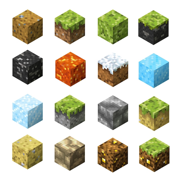 Vetor blocos de jogo de pixel de gelo e água de pedra de grama