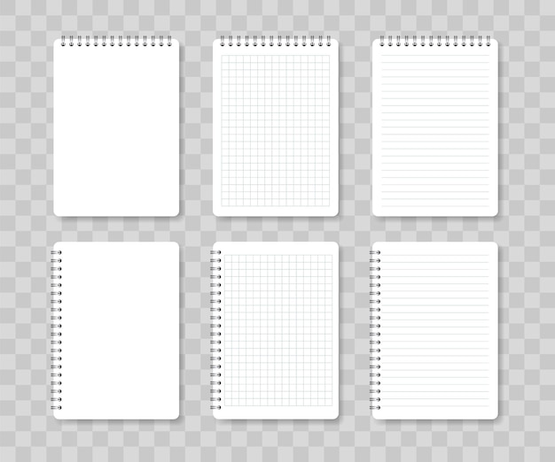 Blocos de notas em espiral realistas Folhas de caderno alinhadas e quadradas