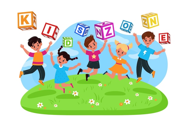 Blocos de zona infantil com letras garotinhos bonitinhos e meninas brincando ao ar livre sinal de sala de jogos de crianças colorido parque de jogos ou área de jogo cartaz festa playground vetor conceito de desenho animado