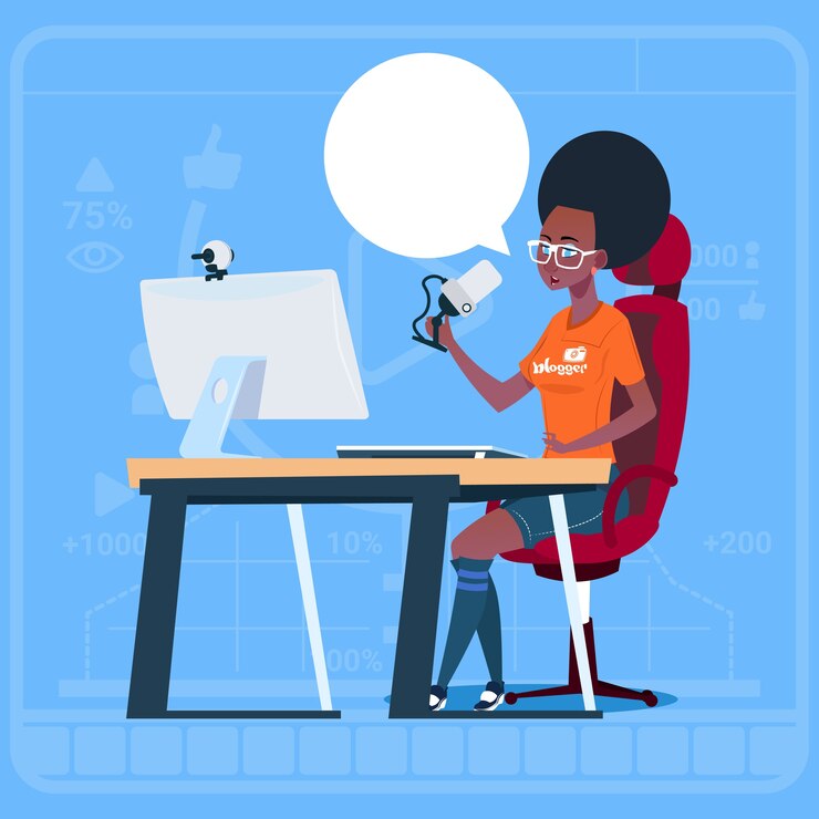 Vetor blogger de garota afro-americana se sentar no computador