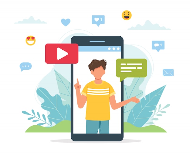 Blogger de vídeo masculino na tela do smartphone.