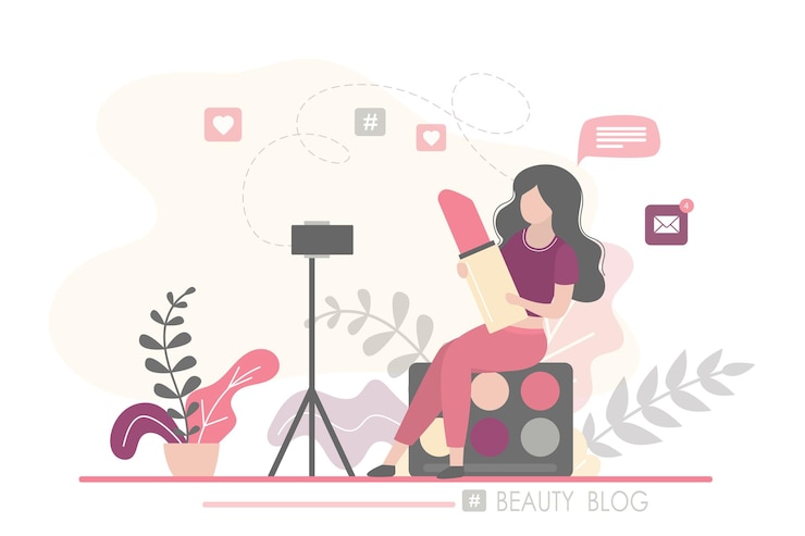 Vetor blogueira de beleza fazendo revisão de cosméticos e gravando vídeo para seu blog